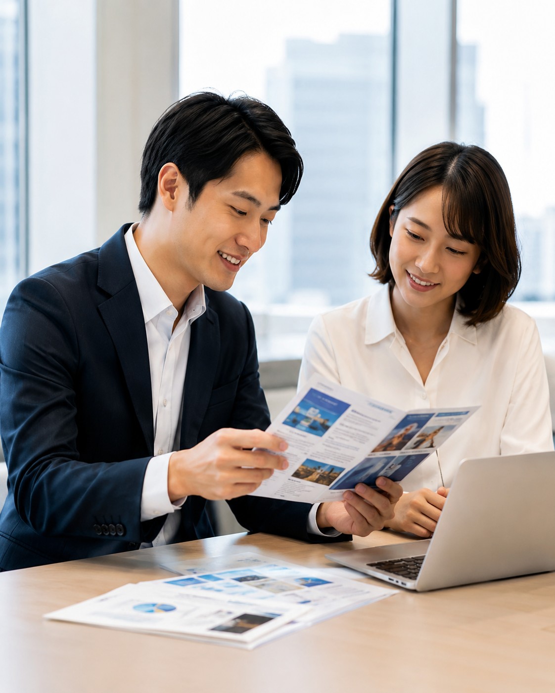 海外展開に関する資料や情報を確認する様子